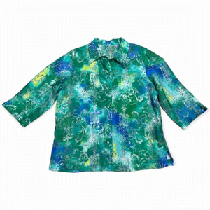 Vintage Green Floral See-Thru Sheer Lace Blouse Button-Up Top - Womens Large